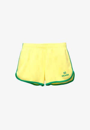 Gule atletiske shorts med grønne kanter, med en afslappet pasform, elastisk talje og "BRAZIL" trykt på venstre side.