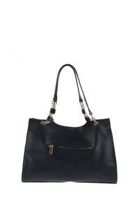 Sac à main en cuir noir avec une texture granuleuse, deux anses, une poche zippée à l'avant et des accents en métal doré.