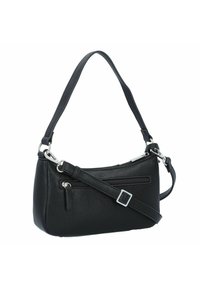Bolso de hombro de cuero negro con un acabado texturizado, correa corta única, correa larga ajustable y dos bolsillos con cremallera en el frente.