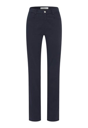Pantalon droit bleu marine en tissu mélangé coton. Comprend des poches avant, une fermeture éclair et un bouton en métal à la taille.