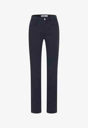 Marineblauwe broek met rechte pijpen gemaakt van een katoenmix. Voorzien van zakken aan de voorkant, een ritssluiting en een metalen knoop bij de taille.