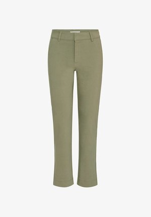 Olive green trousers with a tailored fit, featuring a smooth texture, belt loops, front pockets, and a straight leg cut.