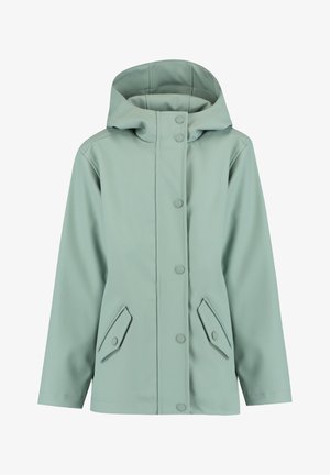 Imperméable à capuche vert clair avec boutons-pression à l'avant et poches à rabat inclinées, conçu pour protéger contre les intempéries.
