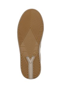 Rubber shoe sole in light brown with geometric patterns, including zigzag lines and a prominent 'V' logo. Textured for grip.