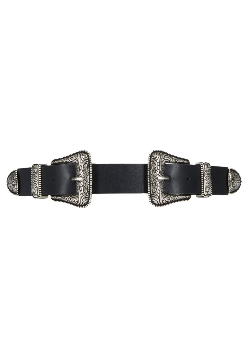Curea din piele neagră cu catarame din metal argintiu ornamentate, având modele intricate și un design texturat, finisată cu margini decorative.