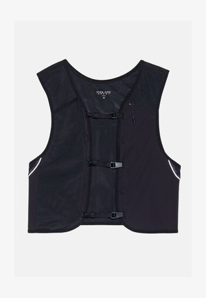 Black sports vest made of lightweight fabric. Features a round neck, three front buckles, and side pockets with reflective accents.