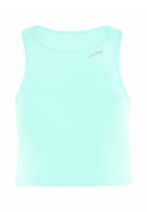 Gaiši zils bezpiešu augšdaļa ar gludu audumu, ar noapaļotu kaklu un mazu zeltītu logotipu izšuvumā kreisajā pusē.