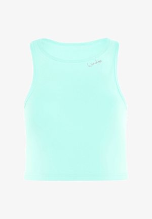 Hele sinine ilma varrukateta lühike topp, mis on valmistatud siledast kangast, ümmarguse dekoltee ja väikese kuldse peenestatud logoga vasakpoolsel küljel.