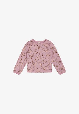 Langærmet pink bomulds skjorte med et gyldent abstrakt mønster, med rund hals og skulderknapper for nem påklædning.