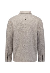 Heren overhemd met lange mouwen, textiel van beige stof met een subtiel patroon, een puntige kraag, twee zijsplitten en een klein knoopdetail aan de achterkant.