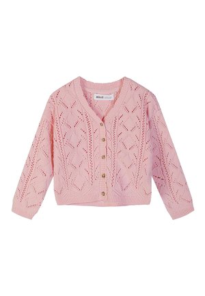 Roze gebreid vest met lange mouwen, V-hals, knoopsluiting aan de voorkant en een decoratief opengewerkt ruitpatroon.