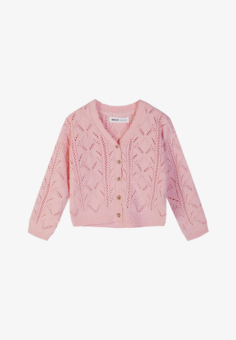 Cardigan en tricot rose avec manches longues, col en V, devant boutonné et motif décoratif en losanges ajourés.