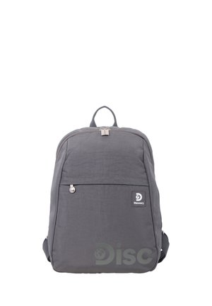 Gray backpack with front zip pocket, top carrying loop, adjustable shoulder straps, and small Discovery logo patch on the front.