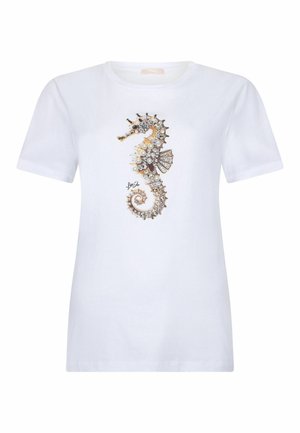 T-shirt blanc à manches courtes avec un hippocampe détaillé en perles et strass centré sur la poitrine.