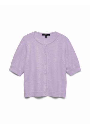 Cardigan lilas à manches courtes avec boutons, col rond, poignets et ourlet côtelés, présenté sur fond blanc.