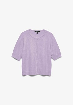 Cardigan lilas à manches courtes avec boutons, col rond, poignets et ourlet côtelés, présenté sur fond blanc.