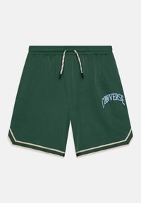 Zielone szorty wykonane z lekkiego materiału, z elastycznym pasem w talii z sznurkiem do regulacji oraz jasnoniebieskim logo "CONVERSE" z przodu.