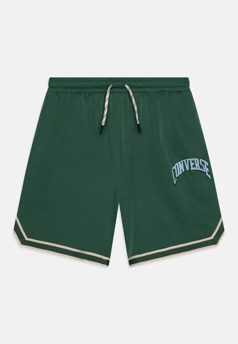 Zielone szorty wykonane z lekkiego materiału, z elastycznym pasem w talii z sznurkiem do regulacji oraz jasnoniebieskim logo "CONVERSE" z przodu.