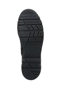 Suola di scarpa in gomma nera con una superficie testurizzata e a motivi. Presenta scanalature e creste per una presa e stabilità ottimali. Contrassegnata con il nome del marchio.
