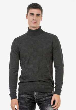 Dunkelgrauer Strickpullover mit hohem Rollkragen, der ein strukturiertes, gemustertes Design aufweist. Weicher Stoff mit gerippten Bündchen und Saum.