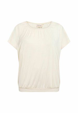 Tricou scurt cu mâneci scurte de culoare crem deschis, cu decolteu plisat și tiv elastic. Fabricat dintr-un material moale, cu o textură netedă și o croială relaxată.