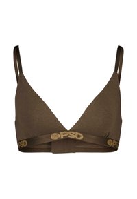 Brun trekantet bralette laget av myk stoff med et logo-trykt elastisk bånd under. Justerbare stropper og glatt tekstur.