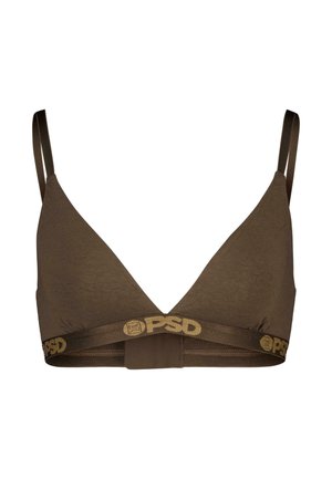 Smeđi triangle bralette izrađen od mekane tkanine s elastičnom trakom s otisnutim logom ispod. Podesive naramenice i glatka tekstura.
