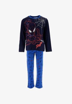 Long-sleeve navy pajama top with Spider-Man graphic and web design; blue pants with red and black Spider-Man motifs. Cotton blend fabric.