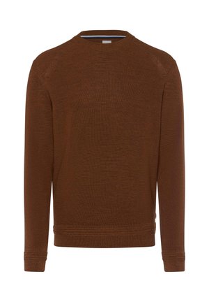 Pull en tricot marron avec un col rond, des manches longues, des poignets côtelés et une taille. Tissu texturé avec des détails de motif subtils.