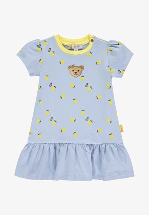 Vestido de algodón azul con detalles amarillos, con un parche de oso, estampados de limón y una falda acampanada. Mangas cortas abullonadas con cierre de botones.