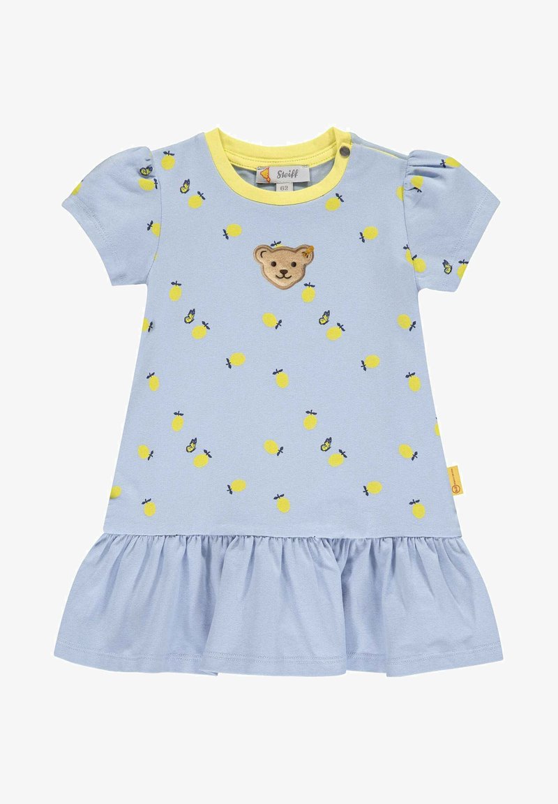 Robe en coton bleue avec des accents jaunes, ornée d'un patch ours, de motifs de citrons et d'une jupe évasée. Manches courtes bouffantes avec fermeture par bouton.