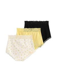 Tre paia di mutande a vita alta: in pizzo nero, giallo chiaro con stampa floreale e bianche con piccoli fiori gialli. Tessuto morbido, delicati bordi in pizzo.