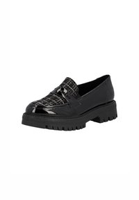Mocassins noirs au fini laqué brillant et tige tissée texturée, avec une semelle épaisse et robuste pour un soutien supplémentaire.