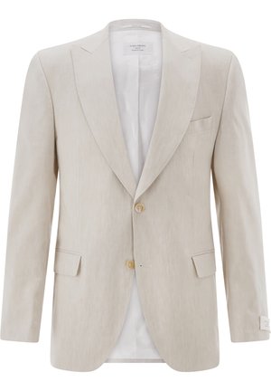 Beigefarbener einreihiger Herrenblazer mit Kerbkragen, zwei Knöpfen, Pattentaschen und einer Brusttasche, auf weißem Hintergrund präsentiert.