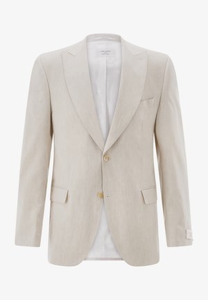Beige single-breasted men's blazer with notch lapels, two buttons, flap pockets, and a chest pocket, displayed on a white background.