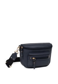 Borsa a tracolla in pelle blu navy con hardware dorato, scomparto principale con zip e tasca frontale. Cinghia regolabile per un utilizzo versatile.