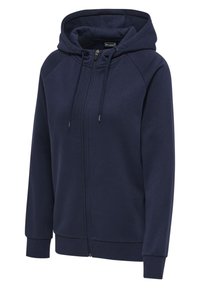 Felpa con zip color navy realizzata in tessuto morbido. Presenta un grande cappuccio, cordini e polsini a coste. Design semplice e casual senza motivi.