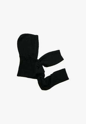 Bufanda negra de punto con capucha integrada. Presenta un tejido texturizado, diseño retorcido en el cuello y extremos largos para envolver.