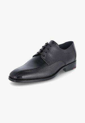 Chaussure habillée en cuir noir avec une finition lisse et polie, dotée d'un bout arrondi, d'un laçage à quatre œillets et d'une silhouette élégante et effilée.