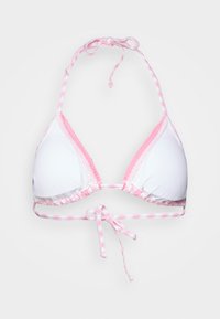 Λευκή μπικίνι μπλούζα με ροζ λεπτομέρειες και καρό κορδόνια. Διαθέτει τριγωνικά cups και διακοσμητική κροσέ άκρη. Υφασμάτινη υφή.