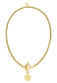 Halskette mit goldfarbener Kette, die ein gedrehtes Design, eine Toggle-Verschluss und einen runden Anhänger mit einem geprägten Bienemotiv und einem Kristallakzent aufweist.