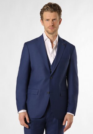Navy blue suit with a single-breasted design, notch lapels, and subtle texture, paired with a white collared shirt.