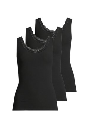 Schwarze, gerippte Tanktops mit Spitzenrand am Ausschnitt, die eine figurbetonte Passform aufweisen. Drei Stücke sind übereinandergestapelt und zeigen Textur und Details.