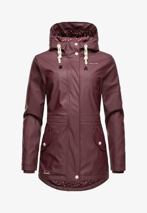 Burgundy waterproof jacket featuring a hood, drawstrings, two side pockets, and a floral-patterned inner lining. Smooth texture and mid-length design.
