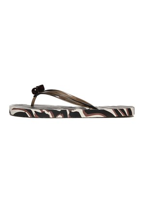 Sandalo infradito flat con suola effetto stampa animalier nera, bianca e marrone e cinturino infradito marrone traslucido con dettaglio a fiocco.