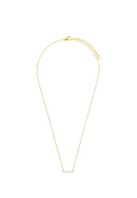 Gouden ketting met een delicate ontwerp en vier witte kralen in het midden. Verstelbare lengte met een klein haakje.