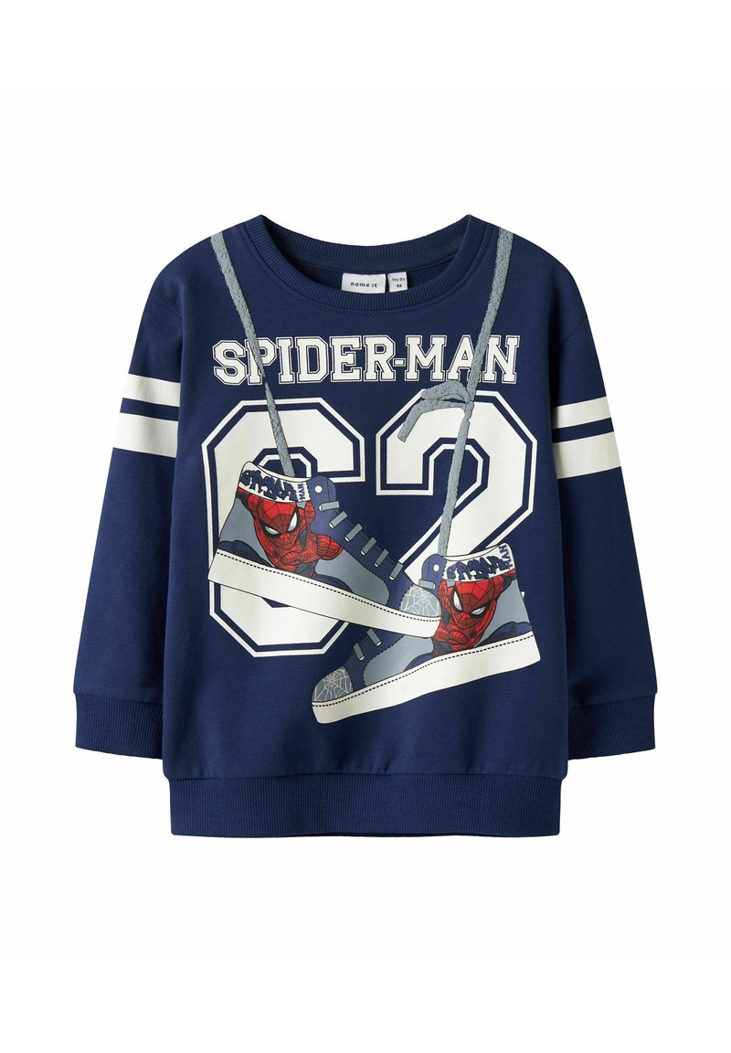 Sweatshirt bleu marine avec un grand imprimé "SPIDER-MAN" et des baskets graphiques. Rayures blanches sur les manches, avec un col rond et des poignets côtelés.