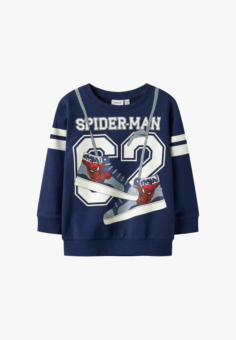 Marineblaue Sweatshirt mit einem großen "SPIDER-MAN" Druck und grafischen Turnschuhen. Weiße Streifen an den Ärmeln, mit Rundhals und gerippten Bündchen.