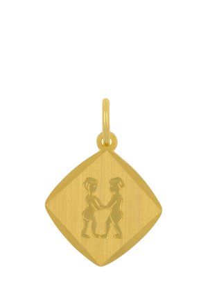 Pendentif en or avec deux figures gravées se faisant face, se tenant la main, sur un fond en forme de losange avec une boucle pour une chaîne.