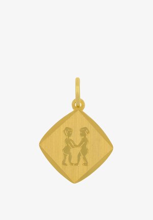 Pendentif en or avec deux figures gravées se faisant face, se tenant la main, sur un fond en forme de losange avec une boucle pour une chaîne.